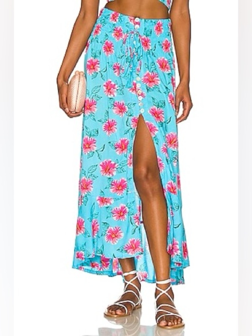 TIARE HAWAII Dakota Bali Maxi Skirt in Aloha Turquoise Hubiscus Floral